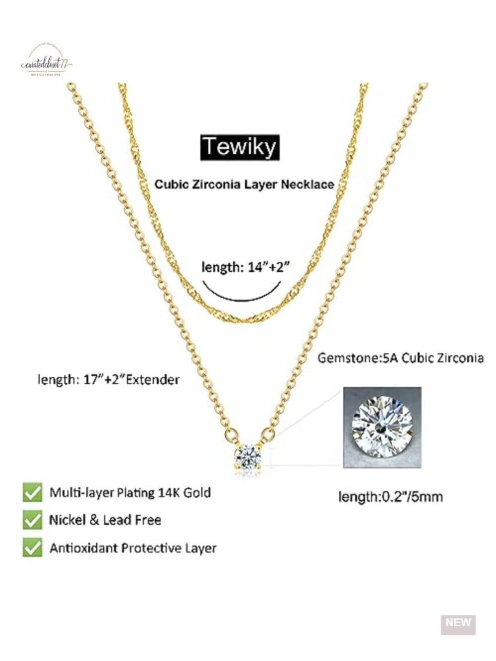 Dainty 14k Gold Plated Cubic Zirconia Pendant Necklace Layered - Picture 3 of 6